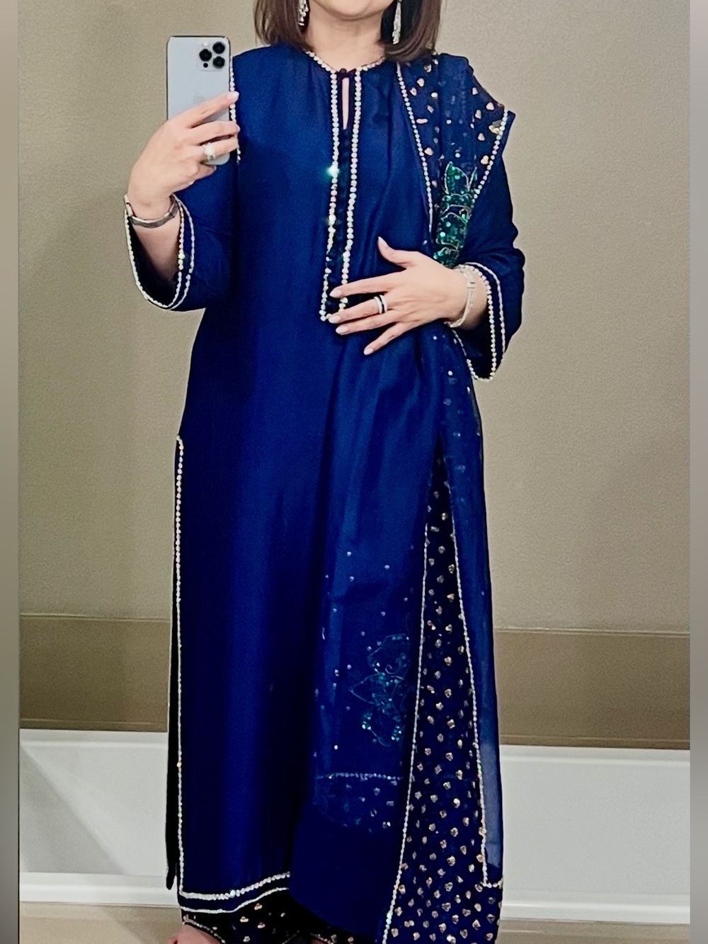 Women's Navy Blue Long Sleeve Dress with Embellished Trim